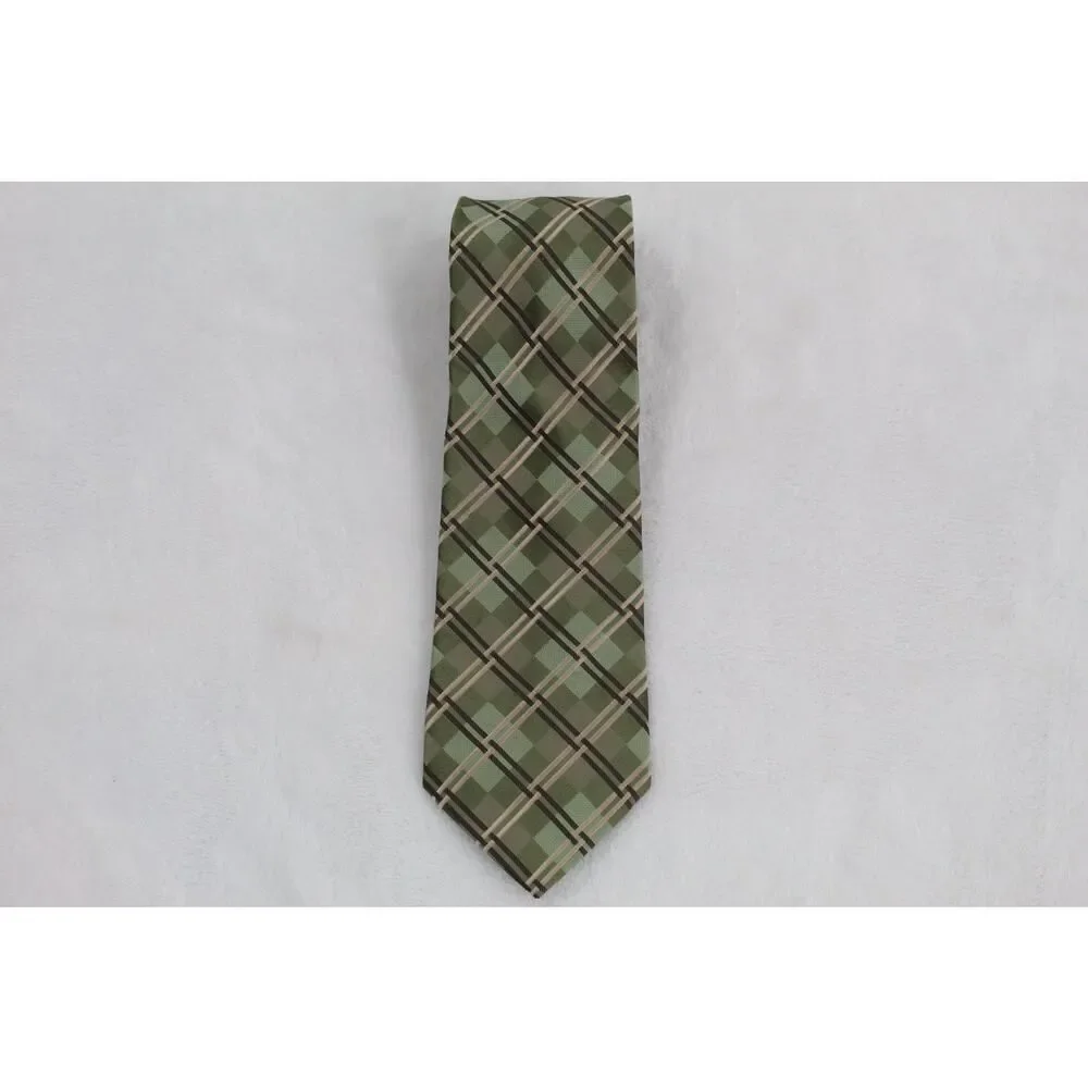 Geoffrey Beene 100% Silk Tie Green Gold Plaid Men Necktie
